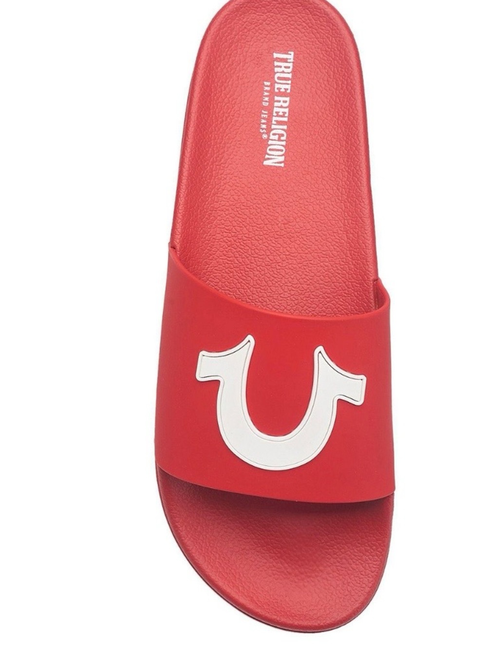 True Religion Red Slide Sandals with White Horseshoe